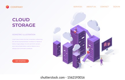 Page d'accueil du site Web, affiche de promotion, prospectus ou concept de brochure pour le stockage de données cloud, illustration vectorielle isométrique