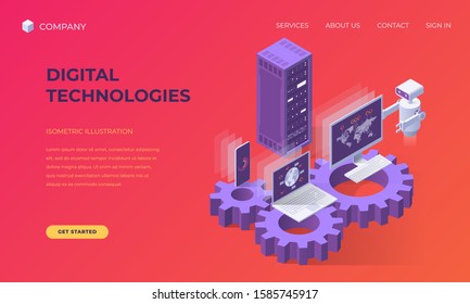 Website landing page, promotion poster, flyer or brochure concept for computer digital technologies, isometric vector illustration