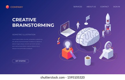 Website landing page, promotion poster, flyer or brochure concept for finding business solution by creative brainstorming, isometric vector illustration