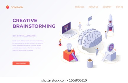 Website landing page, promotion poster, flyer or brochure concept for finding business solution by creative brainstorming, isometric vector illustration