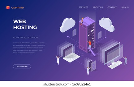 Website landing page, promotion poster, flyer or brochure concept for cloud web hosting, isometric vector illustration