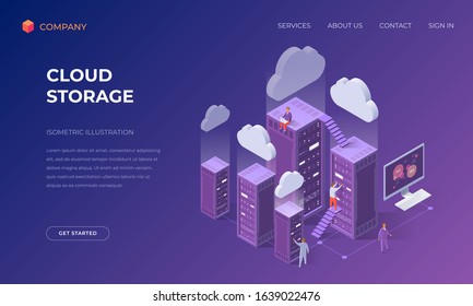 Website landing page, promotion poster, flyer or brochure concept for cloud data storage, isometric vector illustration