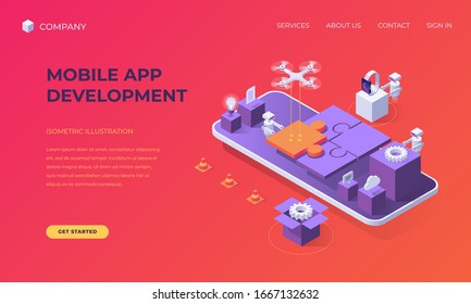 Website landing page, promotion poster, flyer or brochure concept for mobile app development automation, isometric vector illustration