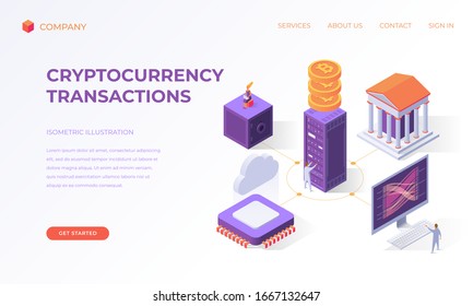 Website landing page, promotion poster, flyer or brochure concept for cryptocurrency transactions, isometric vector illustration