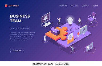 Website landing page, promotion poster, flyer or brochure concept for business team collaboration, isometric vector illustration