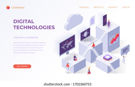 Website landing page, promotion poster, flyer or brochure concept for computer digital cloud technologies, isometric vector illustration