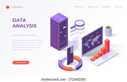 Website landing page, promotion poster, flyer or brochure concept for computer data analysis, isometric vector illustration