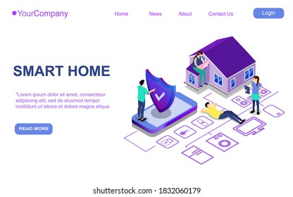 Website landing page, promotion poster, flyer or brochure concept for smart home digital technologies, isometric vector illustration EPS