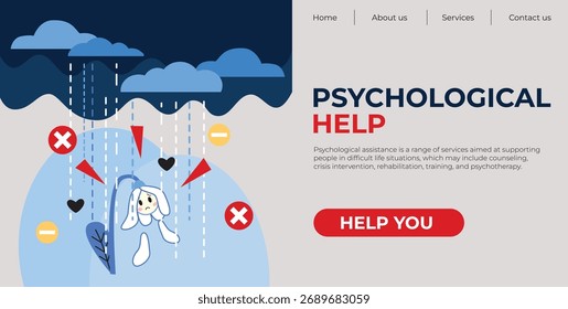 Página de inicio del Sitio web para servicios de ayuda psicológica, con un personaje de dibujos animados en una escena tormentosa con un Botón de llamada a la acción