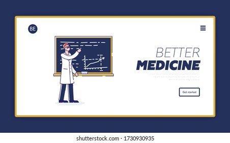 Website Landing Page. Scientist Developing Medicine Or Vaccine. Man Makes Presentation, Draws Chart With Scientific Formulas On The Board. Web Page Cartoon Linear Outline Flat Vector Illustration