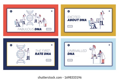 Website Landing Page. Scientists Work With Molecule DNA. Medicine And Technology. DNA Genetic Testing, Medicine and Technology Concept. Web Page Cartoon Linear Outline Flat Vector Illustrations Set