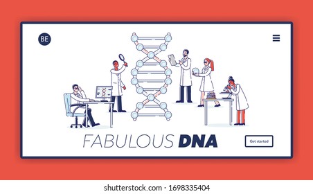 Website Landing Page. Scientists Work With Molecule DNA. Medicine And Technology. DNA Testing, Genetic Engineering And Diagnosis Concept. Web Page Cartoon Linear Outline Flat Vector Illustration