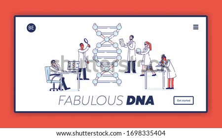 Website Landing Page. Scientists Work With Molecule DNA. Medicine And Technology. DNA Testing, Genetic Engineering And Diagnosis Concept. Web Page Cartoon Linear Outline Flat Vector Illustration
