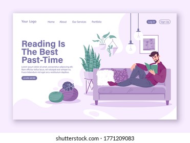 Website landing page self education, leisure, weekend, relaxed spare time concept. Man sitting on sofa at home, reading book. Cozy modern interior. Cartoon flat vector illustration.