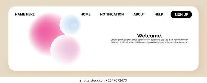 A website landing page with a soft beige background and rounded corners. The left side features abstract blurred.