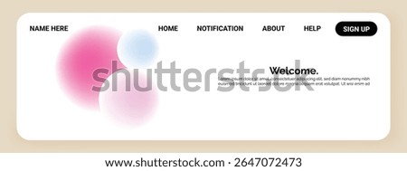 A website landing page with a soft beige background and rounded corners. The left side features abstract blurred.