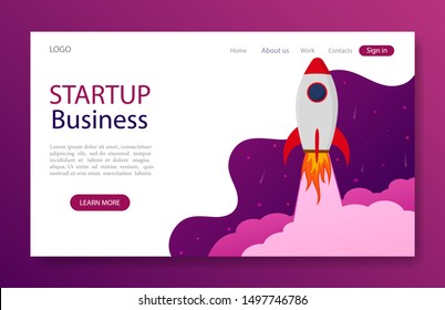 Website landing page with startup rocket concept for marketing, business, mobile app. Launch rocket idea for start up business. Template web page with launch space shuttle.vector illustration