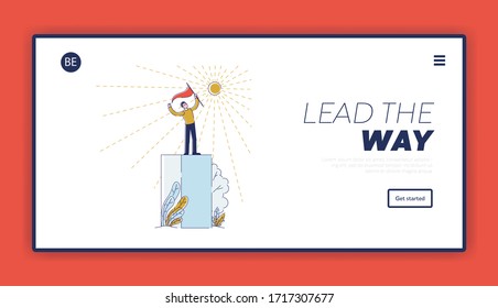 Website Landing Page. Success Businessman Standing Proudly On Platform In Top Position Holding Flag. Character Has Reached Success. Web Page Cartoon Linear Outline Flat Style. Vector Illustration