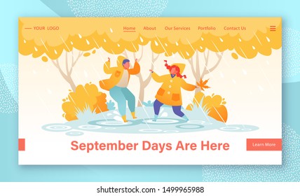 Website landing page tamplate with joyful, flat, kids characters. Children jumping in puddles, rubber boots and yellow raincoats. On background of autumn trees in park. Web page banner, web design. 