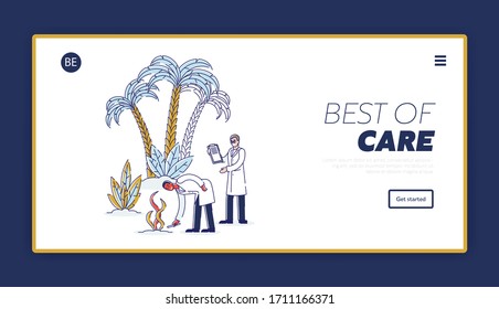 Website Landing Page. Technicians Fertilize the Soil. Man With Notebooks Gives Recommendations About Dosage Of Plant Fertilizers. Web Page Cartoon Linear Outline Flat Style. Vector Illustration