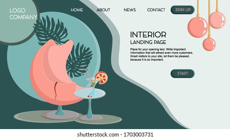 Website landing page template about interior, flat design, dark emerald background, pink round armchair and palm leaves