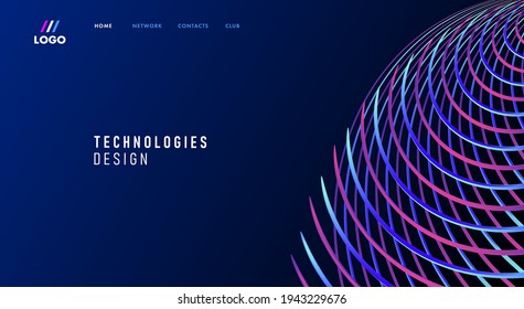 Website landing page template with abstract illustration of planet made of lines of web network on blue background