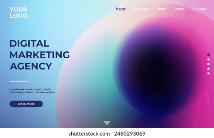 Website landing page template with abstract gradient background and vibrant geometric sphere shapes. Concept of landing web page design for promotion.