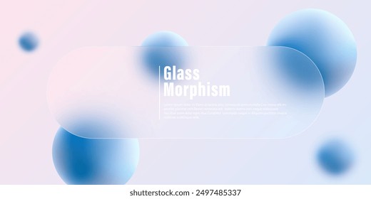 Website landing page template or banner design in glass morphism style. Frosted glass partition with colorful spheres.