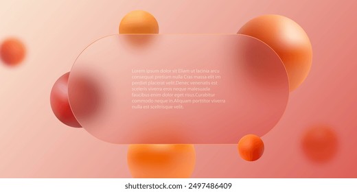 Website landing page template or banner design in glass morphism style. Frosted glass partition with colorful spheres.