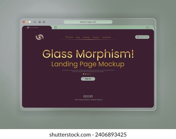 Plantilla de página de aterrizaje del sitio web con ventana oscura del navegador en 3d estilo morfismo de cristal isométrico esmerilado en el fondo de interfaz de usuario de color gris de lujo para la presentación del sitio web corporativo moderno