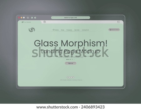 Website landing page template with browser light window in 3d isometric frosted crystal glass morphism style on luxury deep gray color UI backdrop for modern corporate website presentation