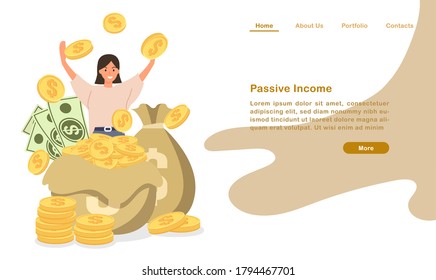 Plantilla de la página de aterrizaje del sitio web caricaturas de pilas de billetes de monedas y personas que aclaman con ingresos pasivos sin par