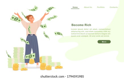 Website landing page template cartoon become rich wealthy people happy with countless money