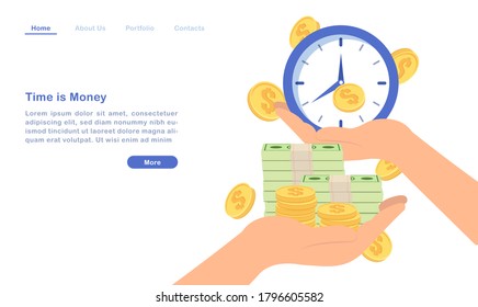 Website Landing Page Template Cartoon Time Is Money Concept Golden Coin Bill And Clock