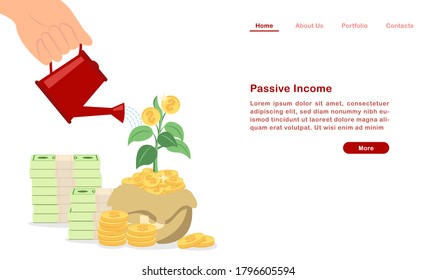Website landing page template cartoon invest and grow your passive income concept piles of coin and bill with sprout green leaf