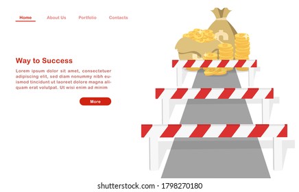 Website landing page template cartoon way to success hurdle on the way to wealth.
