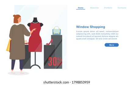 Website landing page template cartoon woman window shopping looking at beautiful dress gown clothing high heel bag