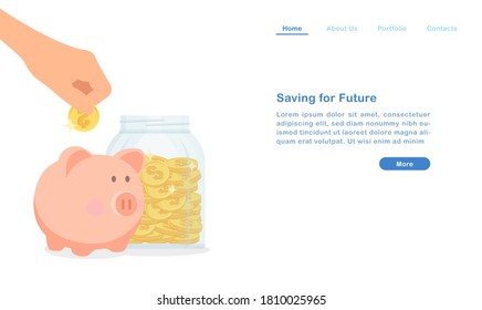 Website-Landing-Page-Template-Cartoon sparen Geld für künftiges Konzept Geld Schweine- und Goldmünzflasche