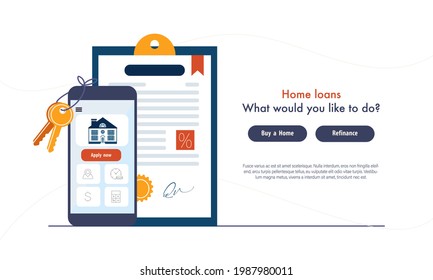 Website landing page template cartoon bank mortgage loan service house real estate property. Vector illustration in a flat style