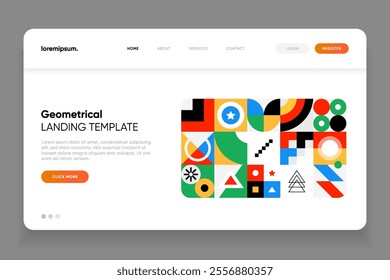 Website landing page template with colorful geometric, geometrical shapes. Minimal, flat style homepage template.