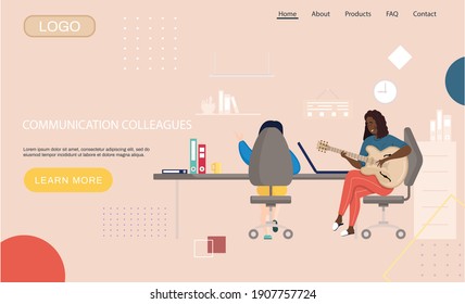 Website landing page template. Communication of colleagues concept. Woman sings song. Girl sits in office with guitar and talks to person. Musician plays strings on instrument at her workplace