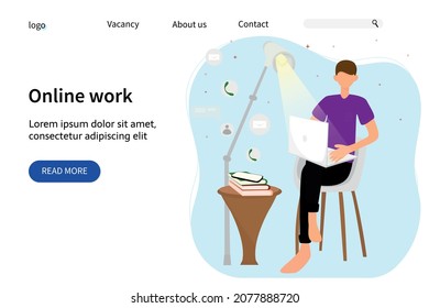 Plantilla de página de inicio del sitio web. concepto para trabajar online, freelance, trabajar desde casa. Ilustración vectorial en un estilo de caricatura plano