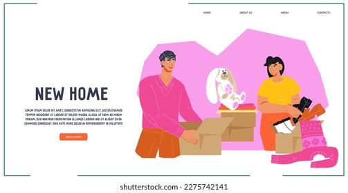 Website landing page template with couple moving to new house, flat vector illustration. Housewarming and real estate purchases, new home purchases and mortgages.