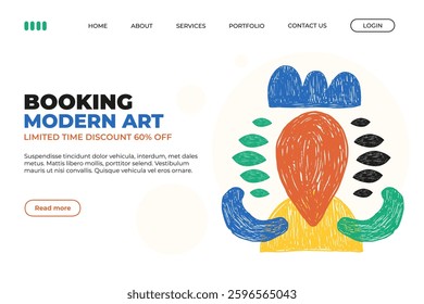 Plantilla de página de aterrizaje de Sitio web con Formas creativas de crayón. Venta Anuncio con Formas geométricas funky en crayón o lápiz estilo dibujo a mano. Anuncio de venta de arte moderno Y2k