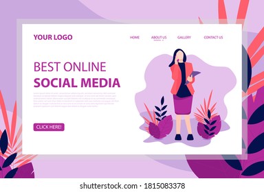 Website or landing page template drawing of a woman holding paper book and smartphone. Modern flat vector illustration for advertising and east to edit and customize.