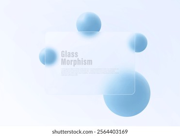 Website landing page template featuring glass morphism, with frosted glass partition and floating blue spheres.