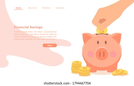 Website-Landing-Page-Vorlage finanzielle Sparmaßnahmen Cartoon Geld Schweine und Pfähle von Münzen