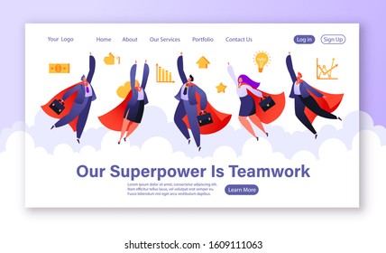 Website landing page template with flat cartoon flying business people, superheroes in red cloaks. Concept of teamwork, business, financial success, leadership, commitment to work theme. 