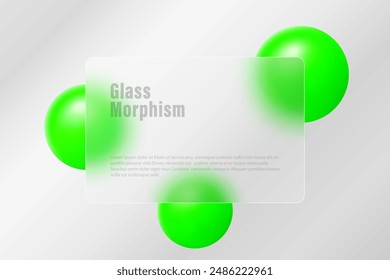 Website landing page template. Frosted glass partition or card with floating green spheres.