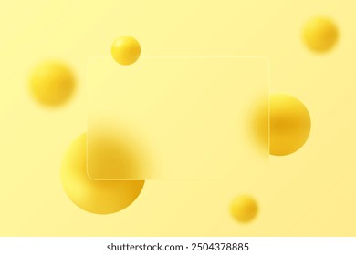 Website landing page template. Frosted glass partition with floating golden spheres in glass morphism style.